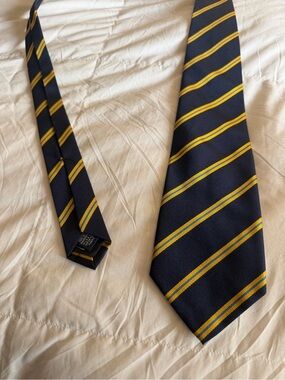 Lands End 100% Silk Tie - navy, blue, yellow stripe
